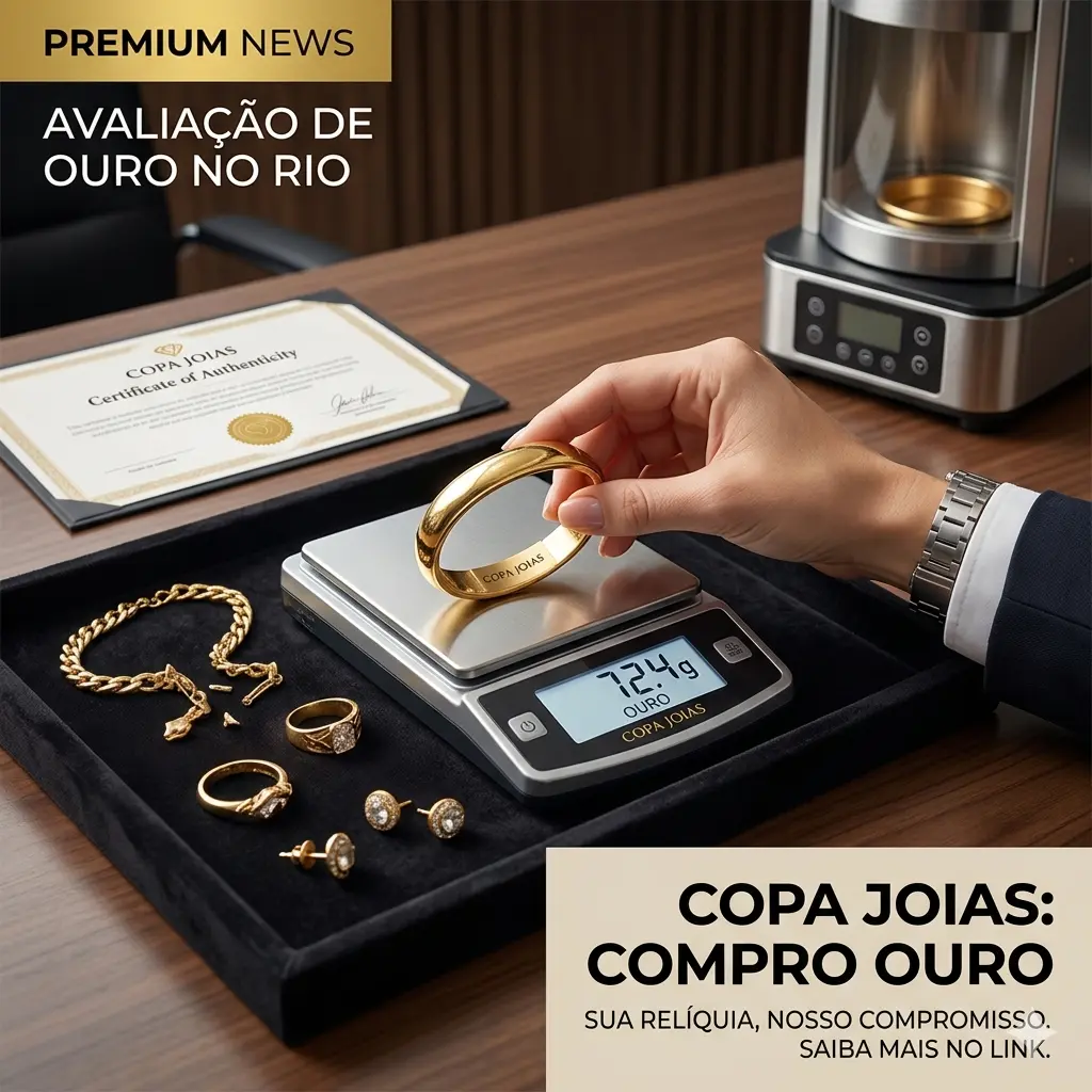Vemos uma mão profissional e bem-cuidada utilizando uma balança de precisão digital para pesar ouro. A tela mostra claramente '72.4g' e a marca 'COPA JOIAS'. O ouro que está sendo pesado é misturado a peças antigas, transmitindo a ideia de que qualquer item de ouro tem valor real e mensurável. É uma imagem de premium news, focada na honestidade do processo de avaliação no RJ.