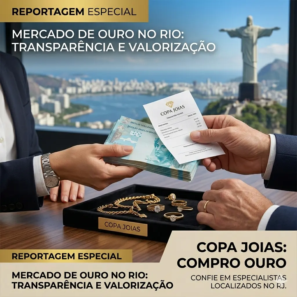 Vemos a troca de mãos: a especialista da Copa Joias entrega dinheiro em espécie (Reais) e um recibo formal para um cliente, que entrega as joias antigas (as mesmas vistas na primeira imagem). A cena acontece em um escritório de alto padrão com vista para a Baía de Botafogo, reforçando o profissionalismo e a segurança de uma transação de alto valor no Rio.