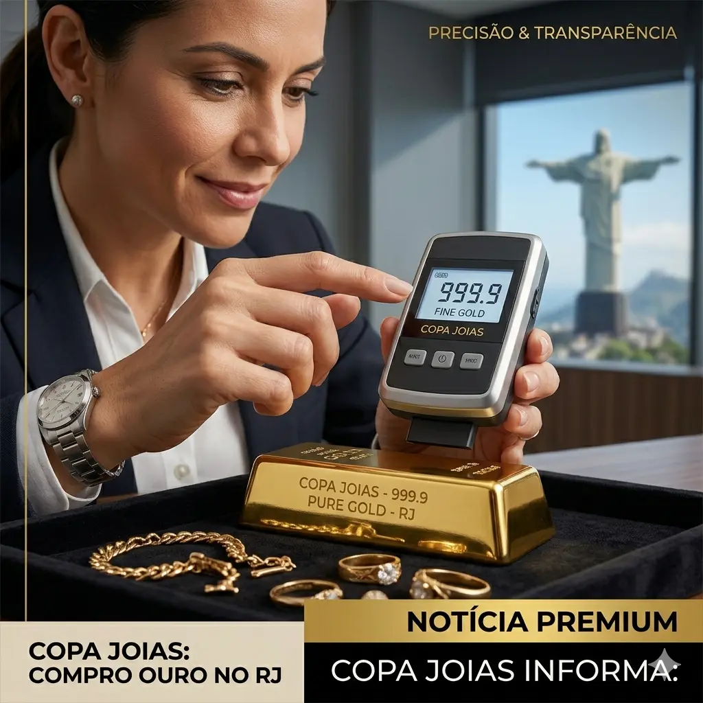 Uma especialista utiliza um densitômetro eletrônico de alta tecnologia em uma barra de ouro puro, que exibe a gravação 'COPA JOIAS - 999.9 PURE GOLD - RJ'. A tela do equipamento confirma a pureza máxima ('999.9'). O fundo, sutilmente desfocado, revela a silhueta do Cristo Redentor, ancorando o serviço firmemente no Rio de Janeiro com sofisticação e transparência.